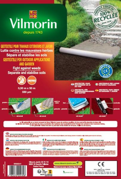 Aménagement des allées, massifs et haies - Géotextile Recyclé Travaux Extérieurs - 100 g/m² - 0.5 m x 50 m - Blanc - PACKAGING_RECTO